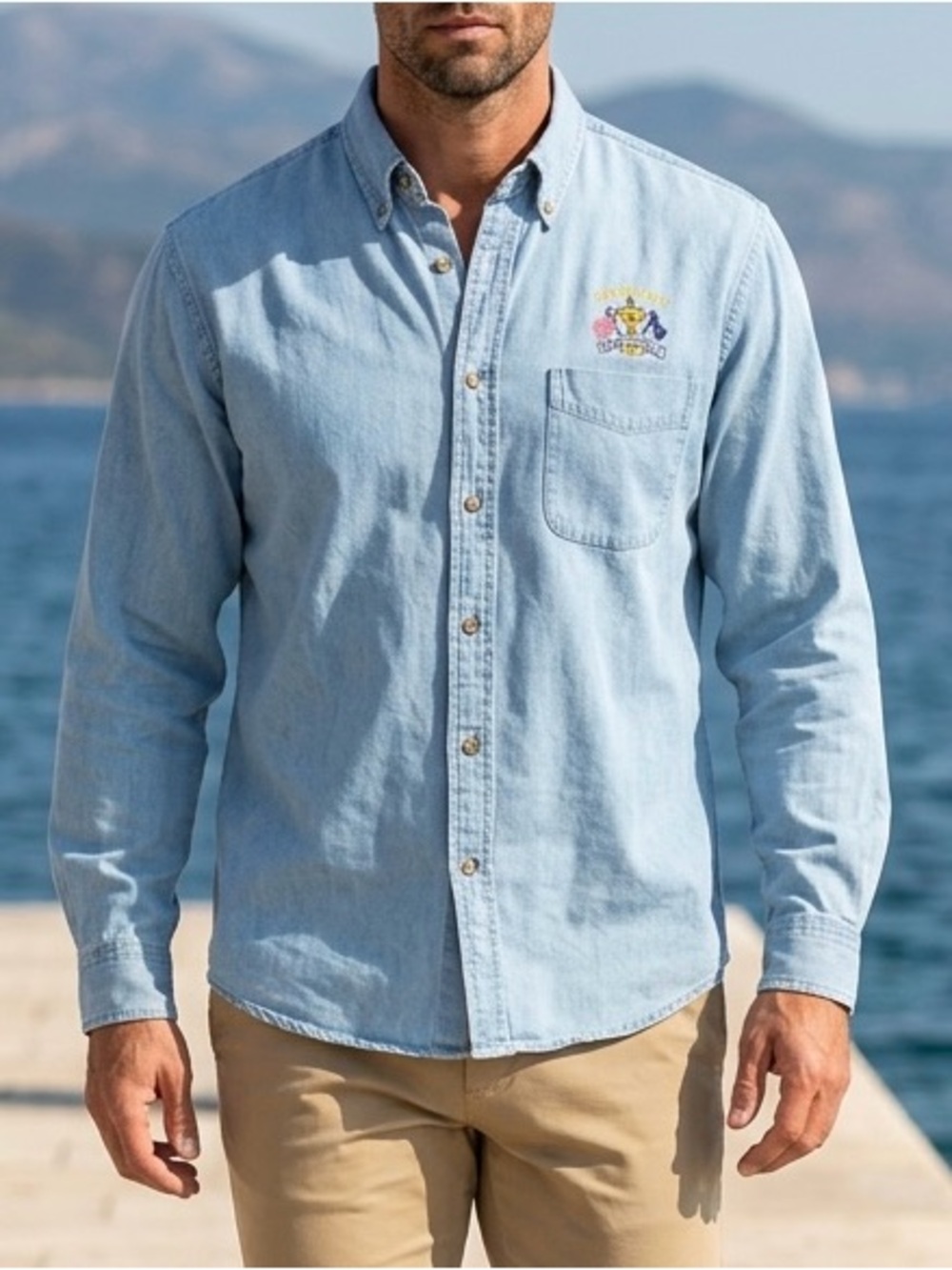 Vintage Antigua Sky Blue Light Denim Ryders Cup Oakland Hills Button Down Shirt